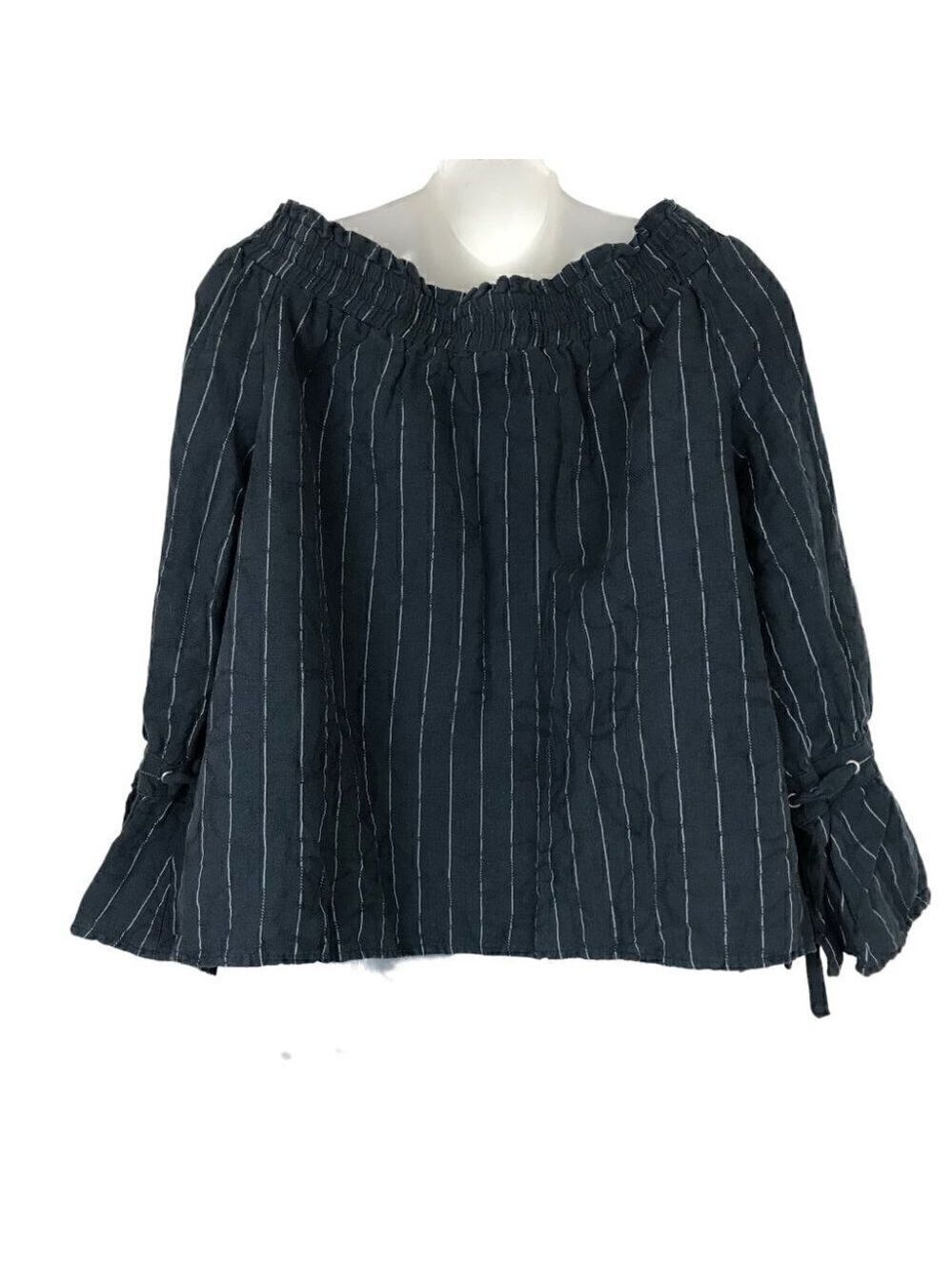 LUCKY Brand Navy Blue With White Stripes Linen Cotton Mix Top Size M - Picture 6 of 8
